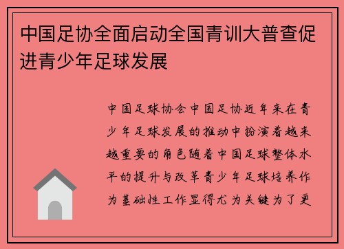 中国足协全面启动全国青训大普查促进青少年足球发展